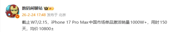 中国におけるiPhone 17シリーズの販売台数は2200万台を超え、Pro Maxの販売台数は1000万台を超えた。